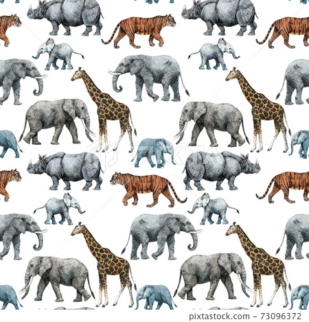 Beautiful vector stock seamless pattern with cute hand drawn safari giraffe elephant tiger monkey rhinoanimal pencil illustrations. 73096372