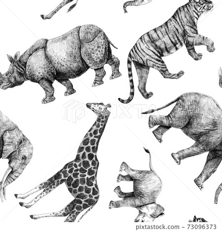 Beautiful vector stock seamless pattern with cute hand drawn safari giraffe elephant tiger monkey rhinoanimal pencil illustrations. 73096373