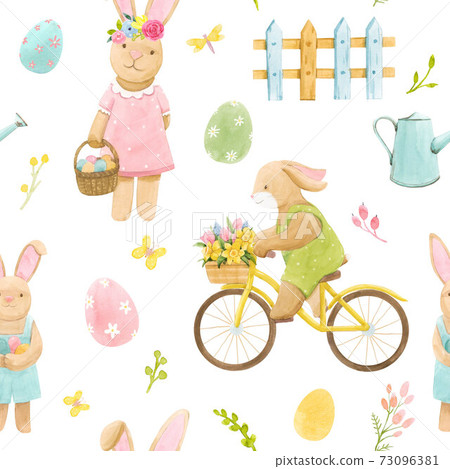 Beautiful seamless pattern with watercolor cute bunny boy on bike with basket of flowers and rabbit girl. Beautiful seamless pattern with watercolor cute bunny boy on bike with basket of flowers and rabbit girl. 73096381