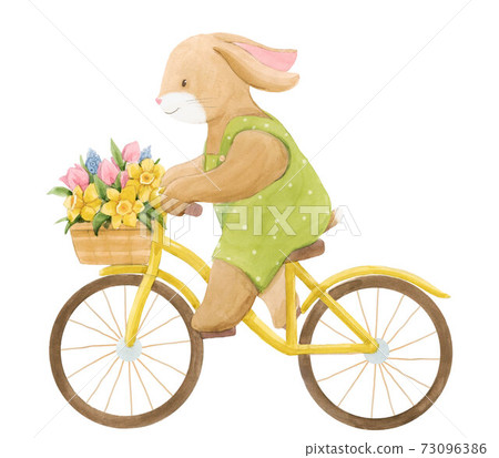 Beautiful stock illustration with watercolor cute bunny boy on bike with basket of flowers. 73096386