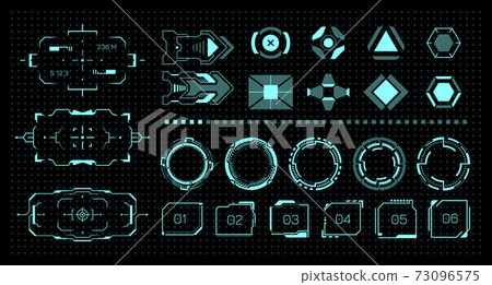 HUD kit. Futuristic virtual game UI. Neon buttons and frames. Digital graphic hologram elements for VR menu. Sight and viewfinder. Loading process indicator. Vector interface signs set HUD kit. Futuristic virtual game UI. Neon buttons and frames. Digital graphic hologram elements for VR menu. Sight and viewfinder. Loading process indicator. Vector interface signs set 73096575