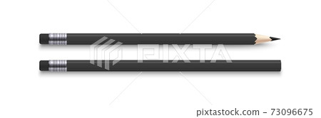 Realistic black pencils with eraser. Realistic sharpened wooden graphite writing instrument. Home or office stationery for branding. Top view of faceted pen. Vector tools for drawing 73096675