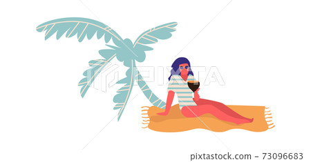 People at beach. Cartoon woman lie on sand under palm tree. Female in swimwear and sunglasses hold tropical cocktail. Rest on seaside, outdoor vacation. Vector minimalist illustration 73096683