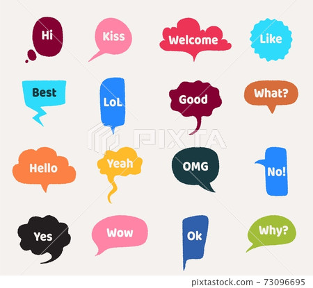 Speech bubbles. Cartoon clouds with interrogative and greeting short phrases. Frames with words of agreement and disagreement. Stickers with lettering. Vector verbal emotions expression 73096695