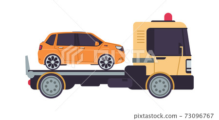 Tow truck. Cartoon evacuator. Side view of lorry carries automobile in trunk. Transportation faulty car. Vehicle for auto evacuation. Workshop service advertising, vector illustration Tow truck. Cartoon evacuator. Side view of lorry carries automobile in trunk. Transportation faulty car. Vehicle for auto evacuation. Workshop service advertising, vector illustration 73096767