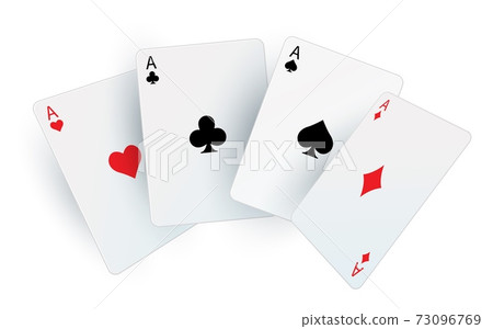 Playing poker cards. Realistic fan of aces. Square white cardboards. Black and red suit signs. Equipment for casino. Combination in gambling. Risky games and bet, vector illustration 73096769