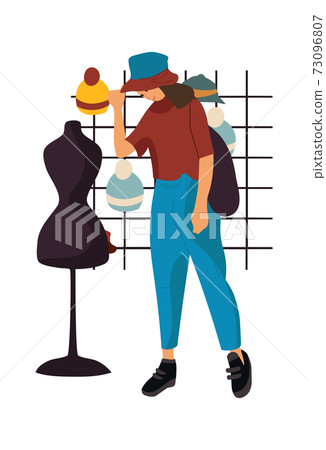 Shopping. Cartoon woman at mall. Young female in casual cozy clothes and hat. Isolated modern girl in garment store. Minimalist human chooses headwear in accessory shop, vector concept 73096807