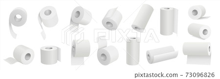 Toilet paper roll. Realistic disposable towel. 3D tear-off napkins with textured surface. Absorbent tissues wound on cardboard cylinder. Kitchen and bathroom accessories, vector set Toilet paper roll. Realistic disposable towel. 3D tear-off napkins with textured surface. Absorbent tissues wound on cardboard cylinder. Kitchen and bathroom accessories, vector set 73096826