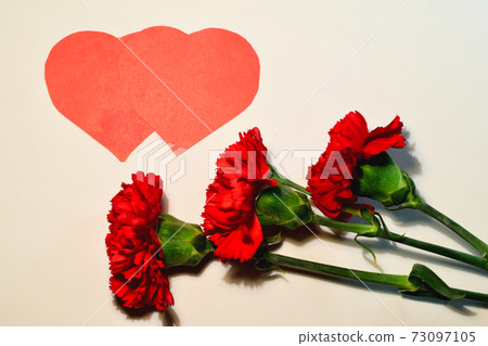 On the white surface are two red hearts and fresh flowers. On the white surface are two red hearts and fresh flowers. 73097105