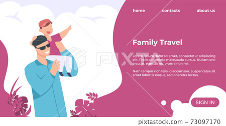 Family travel landing page. Man holding kid on shoulder. Father and son resting at resort. Online vacation service. Website interface design with buttons and text. Vector web template 73097170