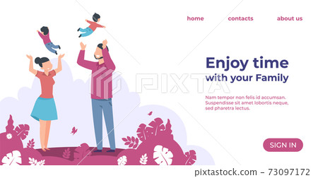 Enjoy time with family landing page. Website interface design. Cartoon parents playing with little children. Leisure pastime. Entertaining online service. Vector modern web template 73097172