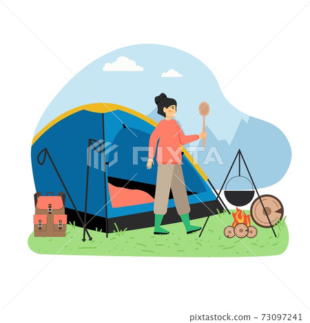 Hiking scene, flat vector illustration. Traveler, hiker female character cooking meal on fire. Nature tourism, camping. Hiking scene, flat vector illustration. Traveler, hiker female character cooking meal on fire. Nature tourism, camping. 73097241