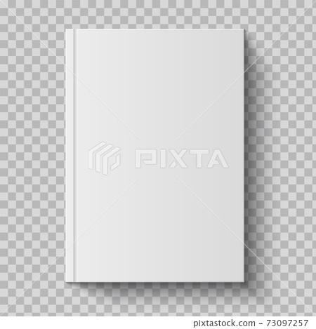 Realistic closed book. Empty 3d mockup diary with blank hard cardboard cover. White textbook template for branding, Vector illustration isolated on transparent background view from above 73097257
