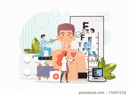 Doctors, tiny male and female characters examining patient eyesight, heart and ear health, flat vector illustration. 73097258