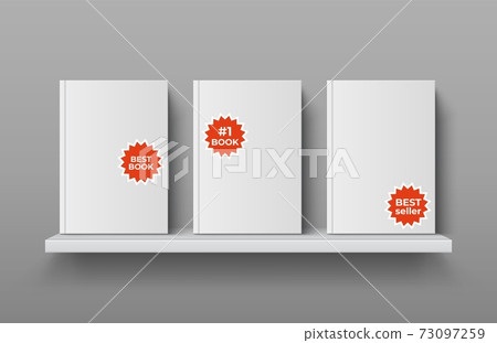 Realistic bookshelf with books. 3D textbooks in blank hard cover with stickers. Publications presentation. Bookstore advertising mockup. Bestseller badges. Vector literature template 73097259