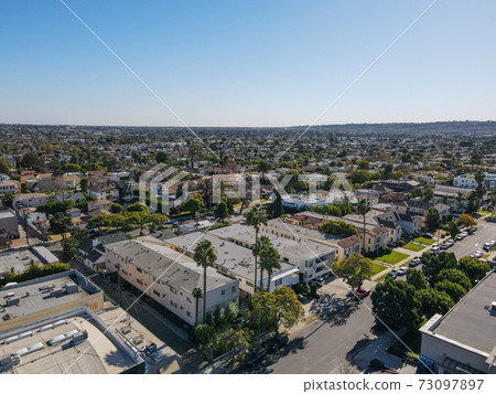Aerial view above Mid-City neighborhood in Central Los Angeles 73097897