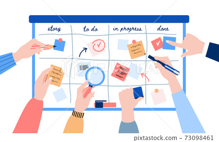 Agile development of scrum team using kanban methodology with sticking paper. Agile development of scrum team using kanban methodology with sticking paper. 73098461
