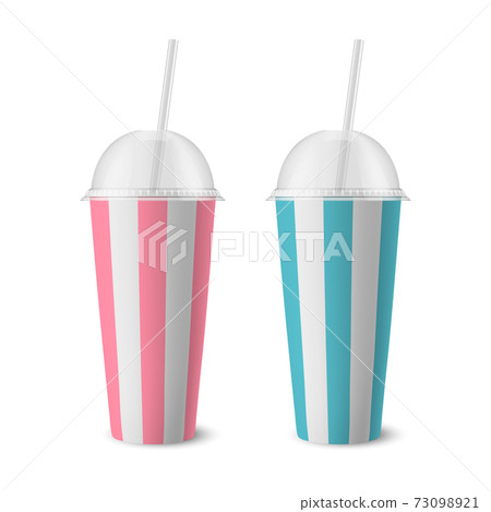 Vector 3d Realistic Striped White Paper Disposable Cup Set with Lid, Straw for Beverage, Drinks Isolated. Coffee, Soda, Tea, Cocktail, Milkshake. Design Template of Packaging for Mockup. Front View 73098921