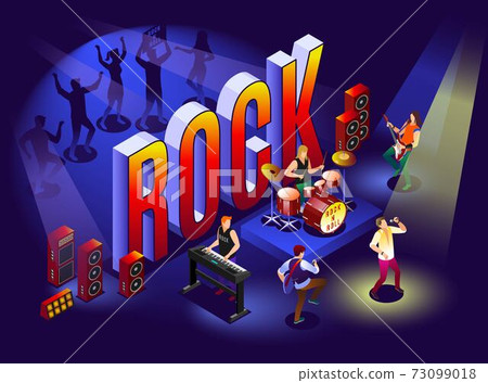 Rock concert and isometric word Rock. Rock musicians and fans illustration isometric icons on isolated background Rock concert and isometric word Rock. Rock musicians and fans illustration isometric icons on isolated background 73099018