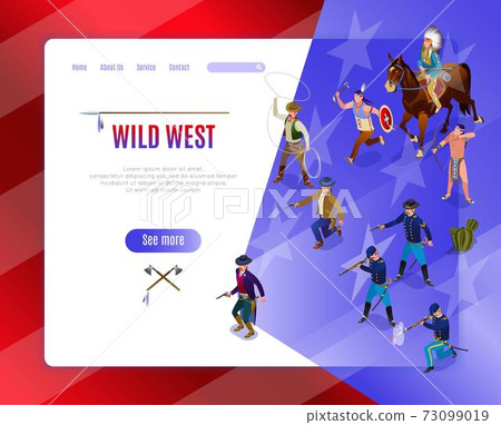 Wild West Landing Page of american history. Indians, Cowboys, Army isometric icons on isolated background 73099019
