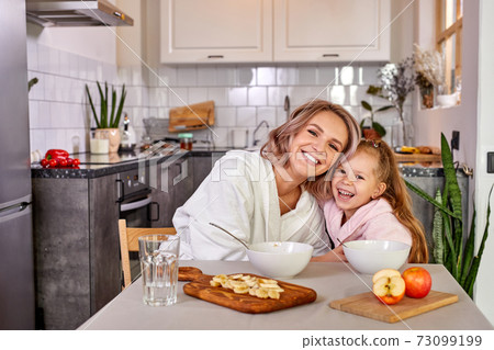 cheerful mother and child girl have fun in the kitchen 73099199