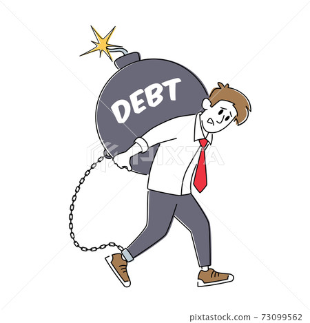 Loan Payment, Taxation Concept. Tired Businessman Character Carry Huge Round Bomb with Burning Fuse. Bank Debt Loan Payment, Taxation Concept. Tired Businessman Character Carry Huge Round Bomb with Burning Fuse. Bank Debt 73099562