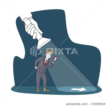 Businessman Character with Magnifying Glass Guided by Huge Hand Holding Flashlight Uncovering Arrow Sign on Floor Businessman Character with Magnifying Glass Guided by Huge Hand Holding Flashlight Uncovering Arrow Sign on Floor 73099564