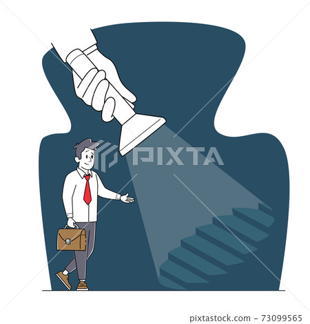 Young Business Man Character in Formal Suit Holding Briefcase Stand at Ladder under Huge Flashlight Glowing Lighting Young Business Man Character in Formal Suit Holding Briefcase Stand at Ladder under Huge Flashlight Glowing Lighting 73099565