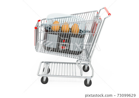 Egg cooker inside shopping cart, 3D rendering Egg cooker inside shopping cart, 3D rendering 73099629