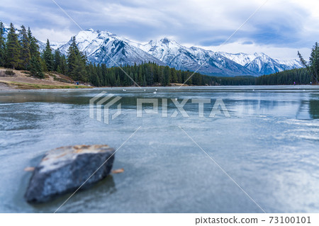 Johnson Lake frozen water surface in winter time. Snow-covered mountain in the background. Tourists here doing ice-skating in this season. Banff National Park, Canadian Rockies, Alberta, Canada. 73100101