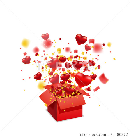 Open red gift box present with flying hearts... - Stock Illustration ...
