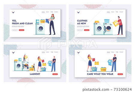 Characters Visit Laundry Landing Page Template Set. People Loading Dirty Clothes to Washing Machine in Laundrette 73100624