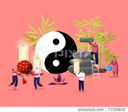 Feng Shui Oriental Philosophy Concept. Characters Decorate Home with Stones, Candles and Plants for Positive Energy Flow Feng Shui Oriental Philosophy Concept. Characters Decorate Home with Stones, Candles and Plants for Positive Energy Flow 73100629