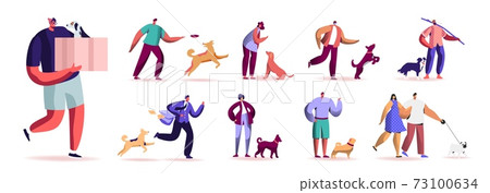 Set of Male and Female Characters Spending Time with Pets Outdoors. Men and Women Walking and Playing with Dogs Set of Male and Female Characters Spending Time with Pets Outdoors. Men and Women Walking and Playing with Dogs 73100634