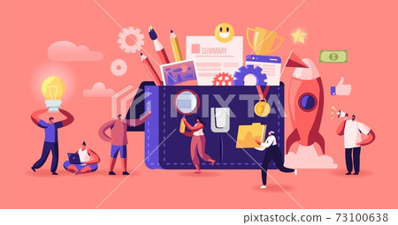 Business Characters Put Different Stationery and Documents to Portfolio. Office Work and Partnership Cooperation Concept 73100638