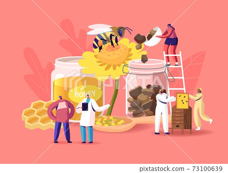 Characters Extracting Apiary Production Honey and Pollen Propolis. Beekeeper in Protective Outfit Taking Honeycomb 73100639