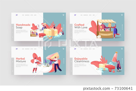 Handmade Soap Producing Landing Page Template Set. Tiny Characters Make Craft Lather of Natural Organic Ingredients 73100641