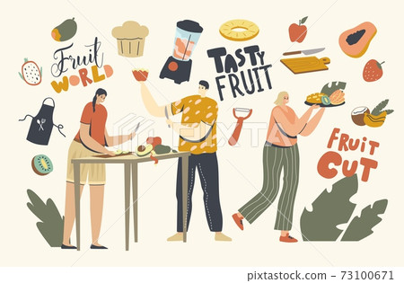 Male and Female Characters Cut Different Fruits for Serve Table. Men and Women Peeping and Curving Garden Exotic Fruit Male and Female Characters Cut Different Fruits for Serve Table. Men and Women Peeping and Curving Garden Exotic Fruit 73100671