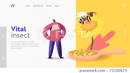 Organic Apiary Production Landing Page Template. Tiny Male Character Stand at Huge Flower with Bee Collecting Pollen Organic Apiary Production Landing Page Template. Tiny Male Character Stand at Huge Flower with Bee Collecting Pollen 73100673