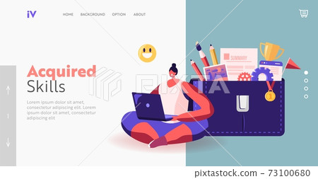 Office Worker, Freelancer Landing Page Template. Woman Character Work on Laptop Sitting near Huge Portfolio Bag Office Worker, Freelancer Landing Page Template. Woman Character Work on Laptop Sitting near Huge Portfolio Bag 73100680