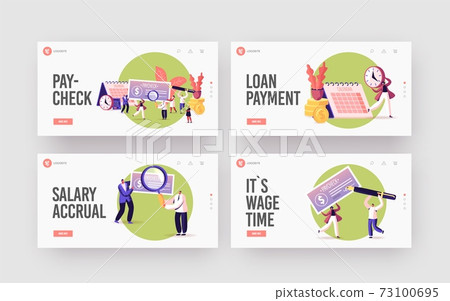 People Get and Signing Paycheck Landing Page Template Set. Characters with Huge Quill Pen, Magnifying Glass and Cheque People Get and Signing Paycheck Landing Page Template Set. Characters with Huge Quill Pen, Magnifying Glass and Cheque 73100695