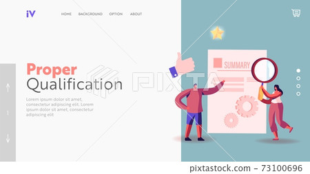 Tiny Businesspeople Characters Read Summary Landing Page Template. Woman with Magnifying Glass Stand at Huge Portfolio Tiny Businesspeople Characters Read Summary Landing Page Template. Woman with Magnifying Glass Stand at Huge Portfolio 73100696