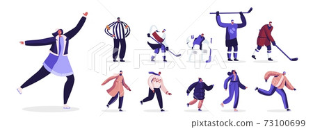 Set of Happy People Wearing Warm Clothes Skating, Hockey Players in Uniform Playing. Male and Female Characters Skaters 73100699