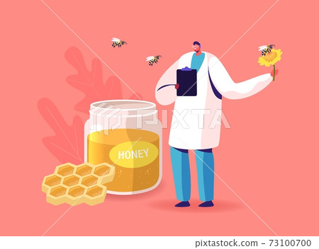 Doctor Character Hold Flower with Bee Flying around Glass Jar with Honey and Honeycombs with Bees Flying around Doctor Character Hold Flower with Bee Flying around Glass Jar with Honey and Honeycombs with Bees Flying around 73100700