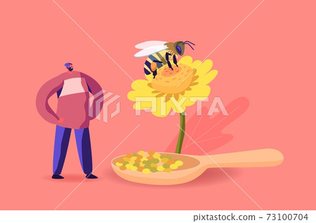 Tiny Male Character Stand at Huge Flower with Bee Collecting Flower Pollen for Making Propolis. Healthy Organic Apiary Tiny Male Character Stand at Huge Flower with Bee Collecting Flower Pollen for Making Propolis. Healthy Organic Apiary 73100704