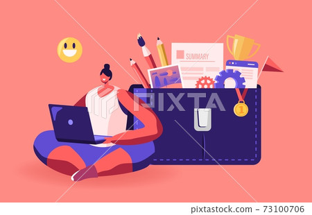 Woman Character Working on Laptop with Smiling Emoji above Head Sitting near Huge Portfolio Bag with Different Tools Woman Character Working on Laptop with Smiling Emoji above Head Sitting near Huge Portfolio Bag with Different Tools 73100706