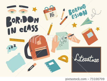 Set of Icons Boredom in Class Theme. School Textbook, Pillow and Sleepy Eyes, Notebook, Ruler with Pen and Pencil Set of Icons Boredom in Class Theme. School Textbook, Pillow and Sleepy Eyes, Notebook, Ruler with Pen and Pencil 73100709