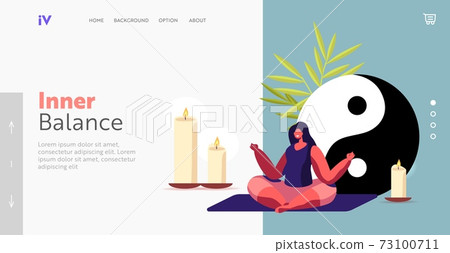 Female Character Meditate with Feng Shui Symbols Landing Page Template. Woman Meditating in Lotus Pose, Yoga, Female Character Meditate with Feng Shui Symbols Landing Page Template. Woman Meditating in Lotus Pose, Yoga, 73100711