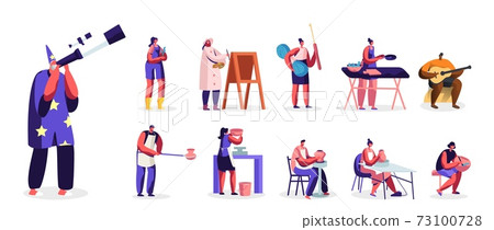 Set Male Female Characters Engage Hobby. Men and Women Painting, Learning Astronomy, Playing Instruments, Handmade 73100728