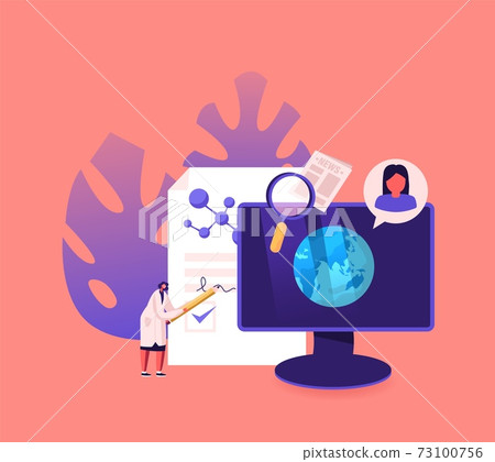 Tiny Scientist Stand at Huge Scientific Work Writing Report near Computer with Earth Globe. Doctor Conduct Research 73100756